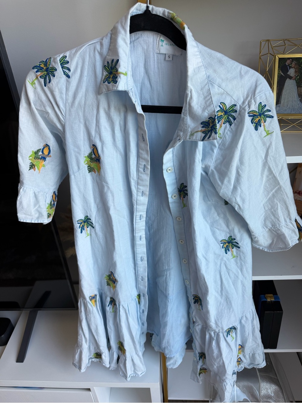Light Blue Embroidered Midi Shirt Dress with Tropical Motif